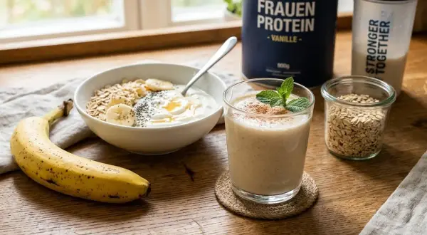 Gesunder Frühstückstisch mit Joghurt, Haferflocken, Banane und einem Vanille-Proteinshake. Die proteinreiche Ernährung unterstützt die Muskelregeneration bei Frauen.