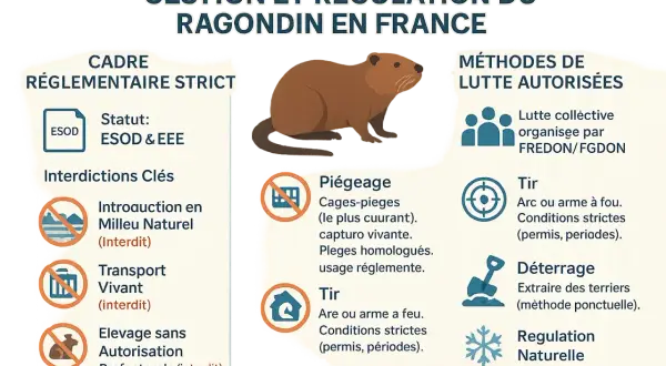 Illustration sur la gestion du ragondin, un animal considéré comme dangereux, avec les interdictions et méthodes de lutte autorisées.
