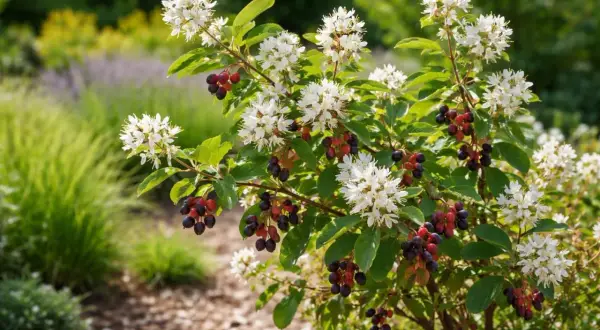 Felsenbirne mit weißen Blüten und roten bis bläulichen Beeren im Garten. Der ideale Standort für diese Pflanze ist sonnig bis halbschattig.