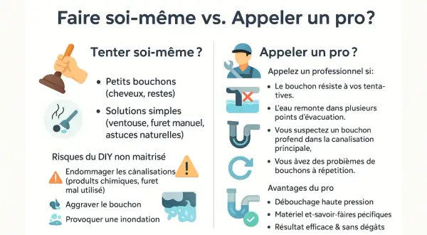 Comparaison : bricolage vs. pro pour le débouchage canalisations eaux usées. Le bricolage pour petits bouchons, le pro pour problèmes persistants.