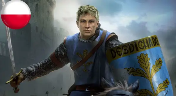 Rycerz z tarczą i mieczem, gotowy do walki. Polska flaga w tle. Idealny do gry Crusader Kings 2 spolszczenie.