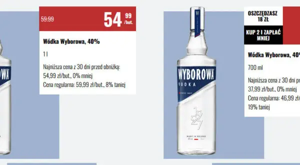 Wódka Wyborowa 0.7 cena promocyjna 37,99 zł/but. Oszczędzasz 18 zł.