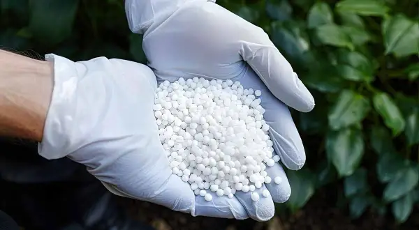 Ręce w białych rękawiczkach trzymają białe granulki. Zastanawiasz się, ile siarczanu amonu na 10 l wody potrzebujesz do nawożenia?