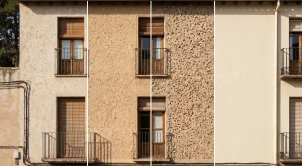 Fachadas con diferentes acabados: raspado, gota, piedra proyectada y fratasado. El polietileno en fachadas ofrece durabilidad y estética.