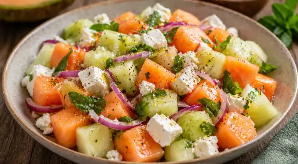 En uppfriskande melon och fetaostsallad med gurka, rödlök och mynta. Perfekt sommarbuffé.
