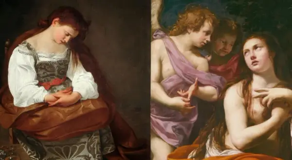 Maria von Magdala, nachdenklich, mit Perlen und Salbgefäß. Daneben Engel, die sie trösten.