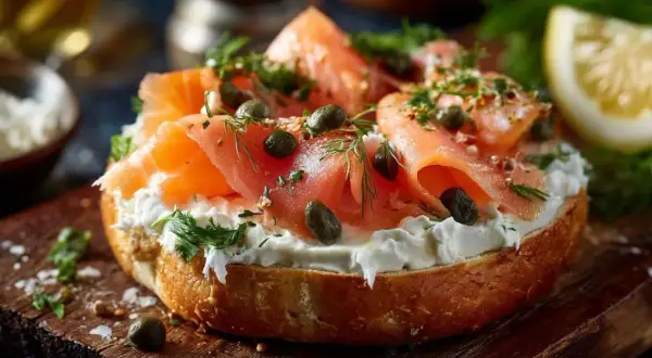 Un bagel garni de fromage frais, de saumon fumé, de câpres et d'aneth. Une délicieuse sauce bagel saumon.