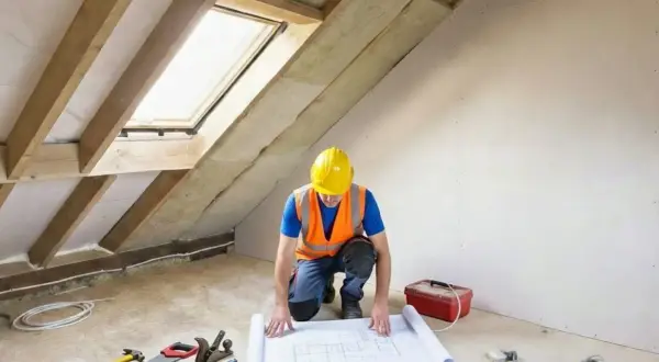 Budowniczy w kasku analizuje projekt na podłodze w trakcie prac nad adaptacją poddasza użytkowego. Narzędzia i skrzynka leżą obok.