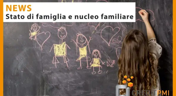 Bambina disegna una famiglia su una lavagna. Il testo parla di stato di famiglia e nucleo familiare, anche per conviventi non sposati.