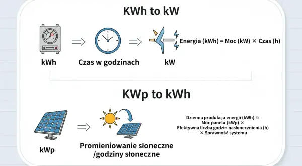 Wykres pokazuje, jak przeliczyć kw na kwh: Energia (kWh) = Moc (kW) × Czas (h). Obok jest też wzór na produkcję energii z paneli słonecznych.