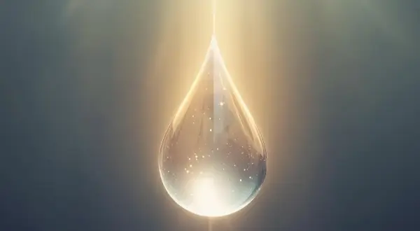 Goutte lumineuse, symbole d'espoir. Une goutte d'eau scintillante, baignée de lumière, évoque la question : peut-on guérir de la goutte ?