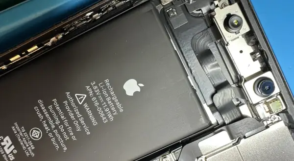 Wnętrze iPhone'a z widoczną baterią i modułami aparatu.