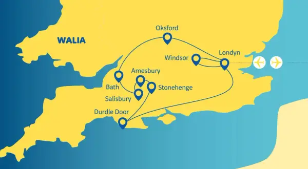 Mapa pokazuje trasę podróży po Anglii: Londyn, Windsor, Oksford, Stonehenge, Salisbury, Bath, Amesbury i Durdle Door. Idealna do planowania, co zwiedzić w Anglii!
