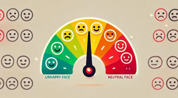 Wskaźnik nastroju z emotikonami, od smutnych po uśmiechnięte. Pokazuje, jak ocenić **csat co to** za pomocą skali emocji.