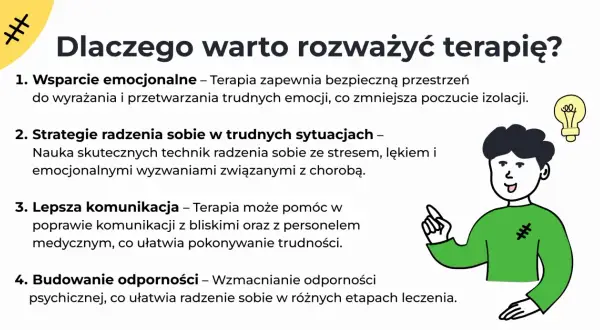 Ilustracja przedstawia listę powodów, dla których warto rozważyć terapię, podkreślając jej skuteczność w radzeniu sobie z emocjami i trudnościami.