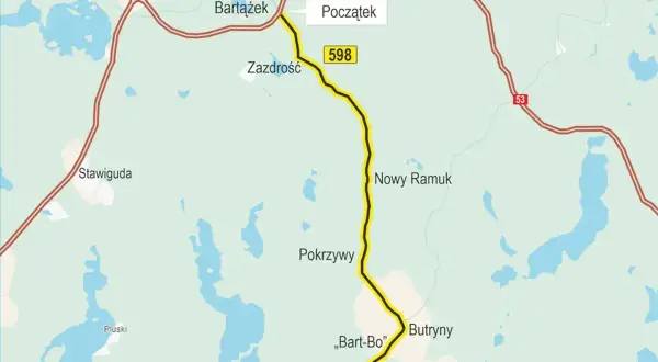 Mapa z zaznaczoną trasą rowerową Olsztyn, prowadzącą przez Bartążek, Zazdrość, Pokrzywy i Butryny.