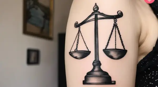 Tatuaje de balanza en el brazo, símbolo de justicia y equilibrio. El tatuaje balanza significado representa la búsqueda de la equidad.