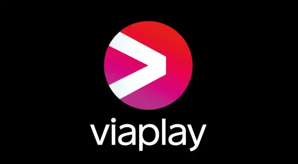 Logo Viaplay: biały symbol ">" na tle okręgu przechodzącego z czerwonego w różowy, poniżej biały napis "viaplay".