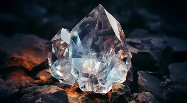 Dwa kryształy, jeden wielki diament, lśnią na tle ciemnych skał, odbijając światło.