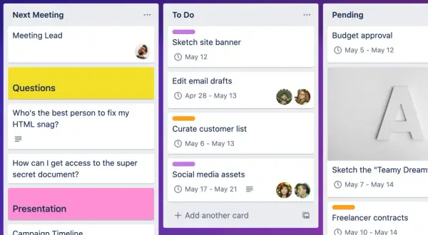 Zarządzanie projektem w aplikacji Trello: lista zadań, pytania i sprawy w toku.