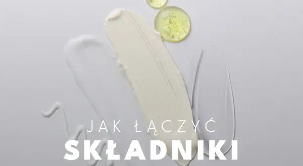 Smugi kremów i serum na białym tle. Tekst: "Jak łączyć składniki". Dowiedz się, z czym nie łączyć witaminy C.