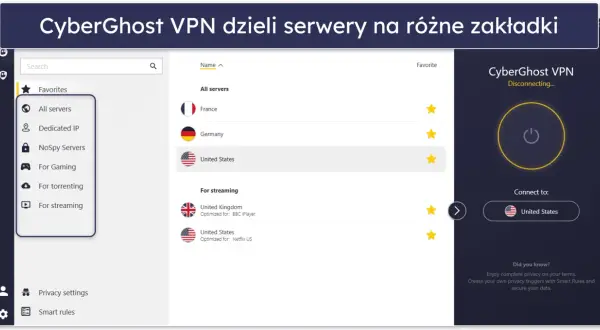 Interfejs CyberGhost VPN pokazuje listę serwerów, w tym USA, Francję i Niemcy. Kliknięcie przycisku rozłączenia pozwala dowiedzieć się, jak wyłączyć VPN.