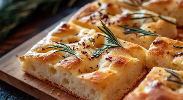 Nybakad focaccia med rosmarin och flingsalt, perfekt för ett enkelt focaccia recept.