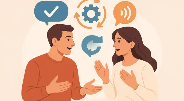 Para rozmawia, ilustrując zasady komunikacji interpersonalnej: zrozumienie, dialog i feedback.