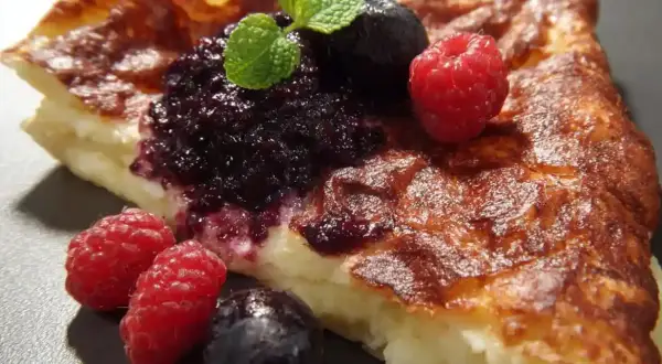 En bit fluffig tjockpannkaka med blåbärssylt, hallon och mynta. Ett perfekt recept för en härlig frukost eller fika.