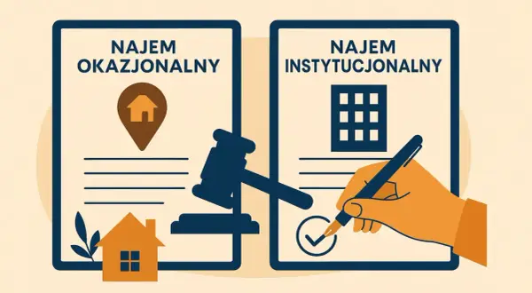 Dwa dokumenty: "Najem okazjonalny" z ikoną domu i młotkiem sędziowskim, oraz "Najem instytucjonalny" z ikoną budynku i ręką podpisującą umowę.