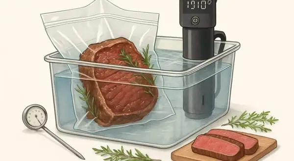 En saftig ryggbiff i ugn, tillagad med sous vide-metoden. En termometer och en stavmixer visar precisionen i tillagningen.