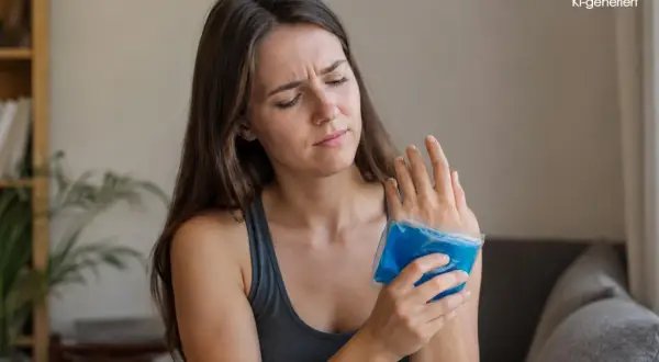 Frau mit schmerzverzerrtem Gesicht kühlt ihr Handgelenk mit einem blauen Kühlpack. Mögliche **Prellung Handgelenk Symptome** wie Schmerz und Schwellung werden hier behandelt.