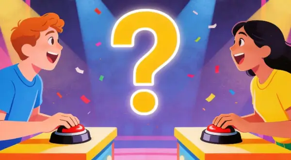 Dwóch graczy, chłopak i dziewczyna, z uśmiechem na twarzy naciska przyciski na podium. Czy dobrze mnie znasz? Konfetti i wielki znak zapytania sugerują quiz.
