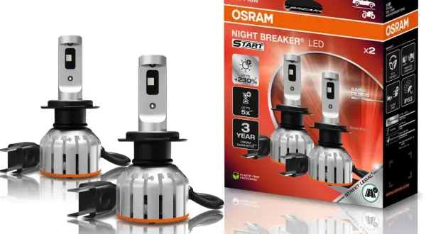 Dwie żarówki led h7 z homologacją OSRAM Night Breaker LED START, opakowanie i akcesoria.