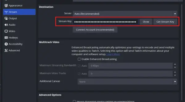 Twitch settings screen showing a hidden stream key input field, ready for your twitch rtmp url.