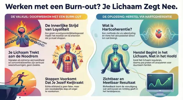 Illustratie over burn-out: valkuilen zoals loyaliteit en doorwerken, en oplossingen zoals hartcoherentie voor vrijwillige opname en herstel.