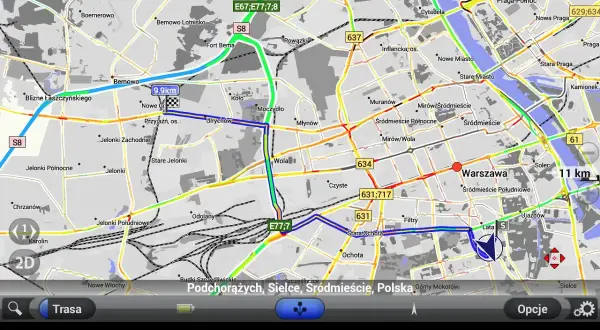 Mapa AutoMapy z trasą przez Warszawę. Zobacz, jak zaktualizować AutoMapę, aby mieć najnowsze dane o drogach i ruchu.