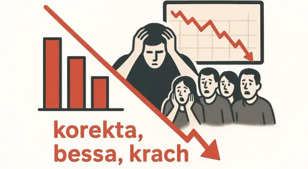 Ludzie z przerażeniem patrzą na wykresy i słupki spadające w dół. To obrazuje, co to bessa i jak wpływa na nastroje.