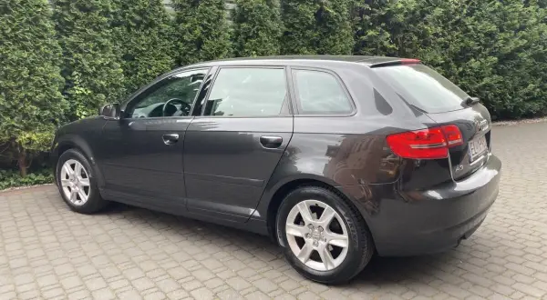 Ciemnoszary Audi A3 8P Sportback stoi na podjeździe z kostki brukowej, otoczony zielonym żywopłotem.