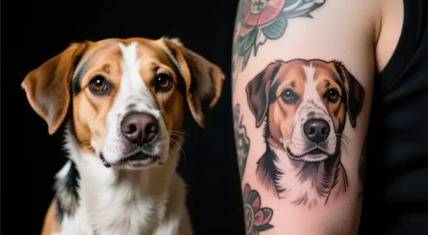 Un perro real mira a su gemelo en un tatuaje de perro realista en un brazo.