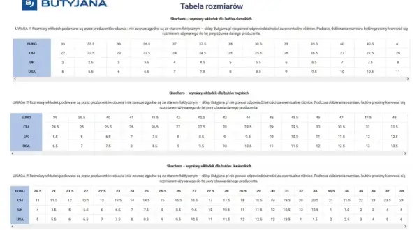 Tabela rozmiarów Skechers: damskie, męskie, juniorskie. Porównaj rozmiar EUR, CM, UK, USA. Angielska rozmiarówka butów.