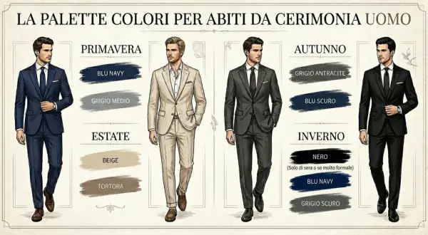 Uomo elegante in abiti da cerimonia: blu navy, grigio medio, beige, tortora per primavera/estate; grigio antracite, blu scuro, nero, blu navy, grigio scuro per autunno/inverno.