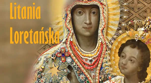 Obraz Matki Boskiej z Dzieciątkiem, ozdobiony bogatymi klejnotami. Na pierwszym planie widnieje napis "Litania Loretańska tekst".