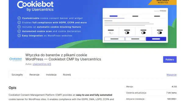 Wtyczka Cookiebot do WordPressa, automatyzująca banery z plikami cookie i zapewniająca zgodność z RODO.