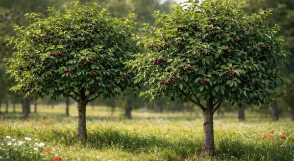 Due alberi carichi di amarena frutto, con foglie verdi e frutti scuri, in un prato fiorito.