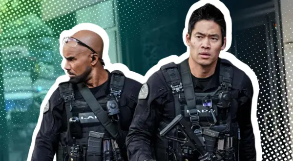 Zwei SWAT-Beamte, bereit für den Einsatz in Staffel 8. Sie tragen schwarze Uniformen und Westen.