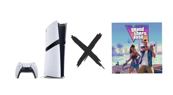 Konsola PlayStation 5 z kontrolerem i logo GTA VI, przedzielone czarnym znakiem "X".