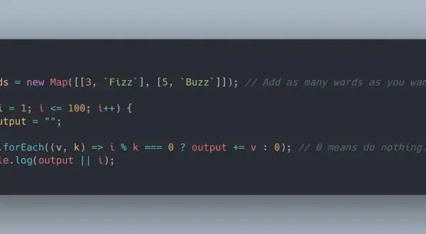 Kod JavaScript implementujący grę Fizz Buzz. Iteruje od 1 do 100, drukując "Fizz" dla wielokrotności 3, "Buzz" dla wielokrotności 5.