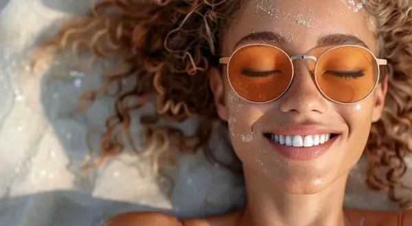 Frau mit sonnengeküsster Haut und orangener Brille liegt im Sand. Die Wirkung von blauem Licht auf die Haut ist hier nicht sichtbar, aber die Freude ist es.