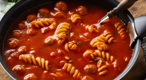 Gęsty, pomidorowy sos do potrawki z klopsikami i makaronem fusilli w czarnej patelni.